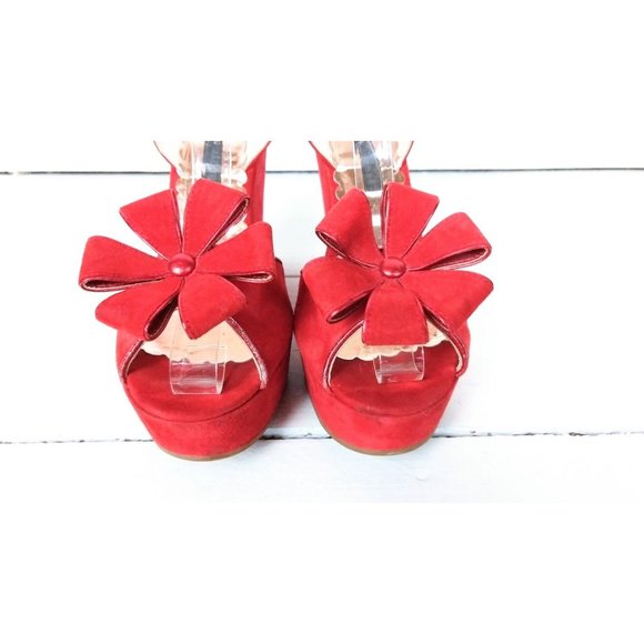 Red suede leather open toe platform wedge flower petal sandals - Picture 5 of 6